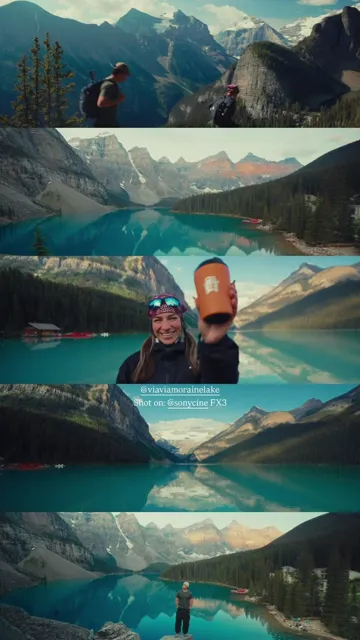 Collage of guests, a Via Via shuttle and mountain views around Moraine Lake