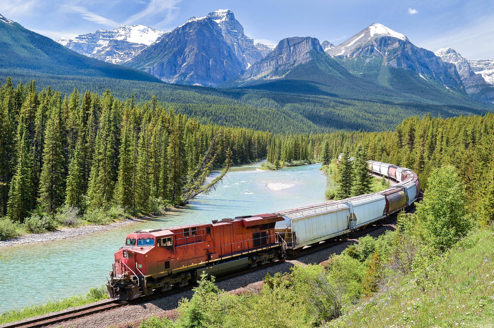 A Canadian Pacific Railway train passing through Morants Curve in Banff National Park.
