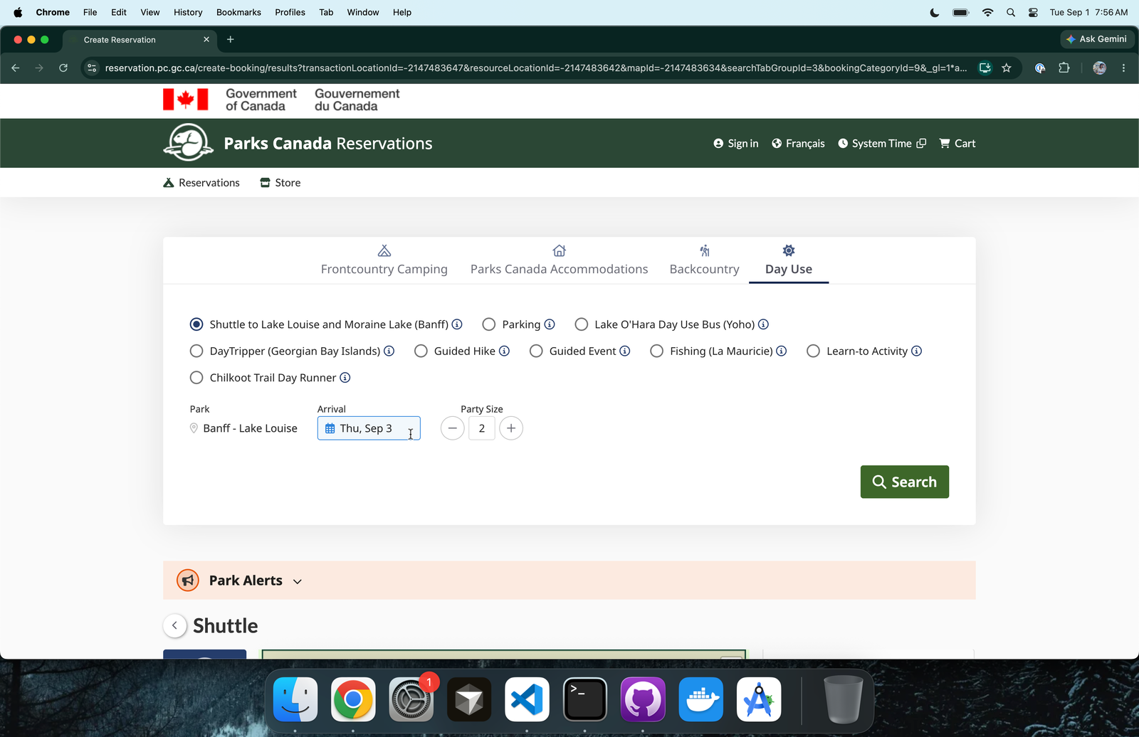 Parks Canada Day Use search with the Moraine Lake shuttle, date, and party size selected