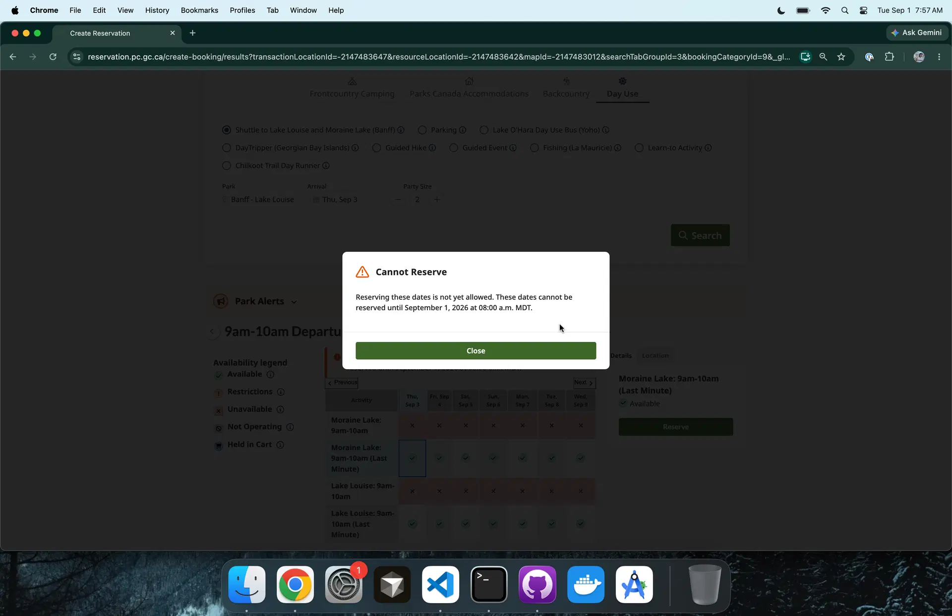Parks Canada message saying reservations cannot be made before 8:00 a.m. MDT