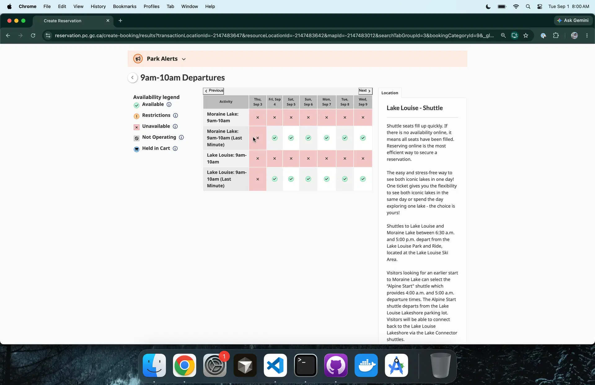 Moraine Lake last-minute shuttle availability grid with the selected date marked unavailable