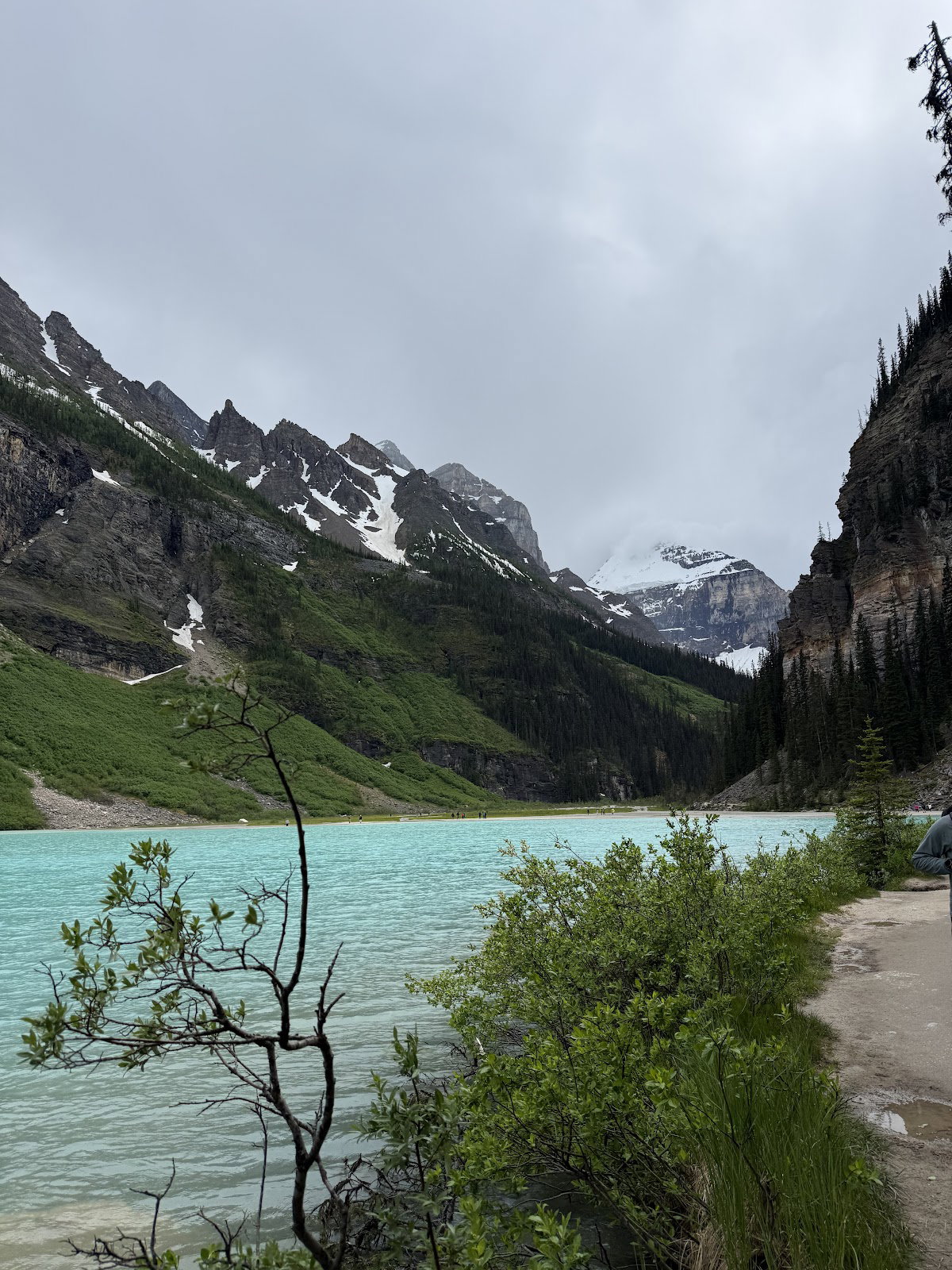 Turquoise Lake Louise and snow-covered mountains beside the lakeshore hiking trail